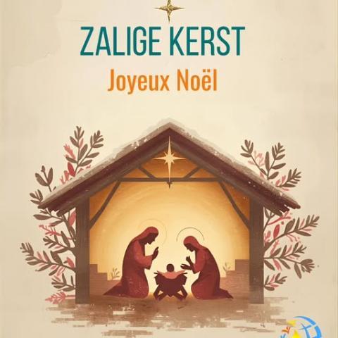 Kerstwens 'Zalige Kerst, Joyeux Noël' met een getekende kerststal
