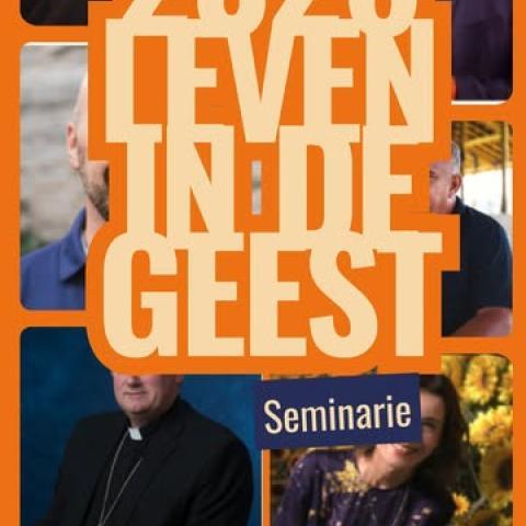 Aankondiging van het seminarie 2026 'Leven in de Geest' met foto's van de sprekers