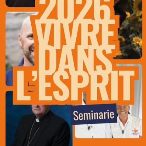 Aankondiging van het seminarie 2026 'Vivre dans l'Esprit' met foto's van de sprekers
